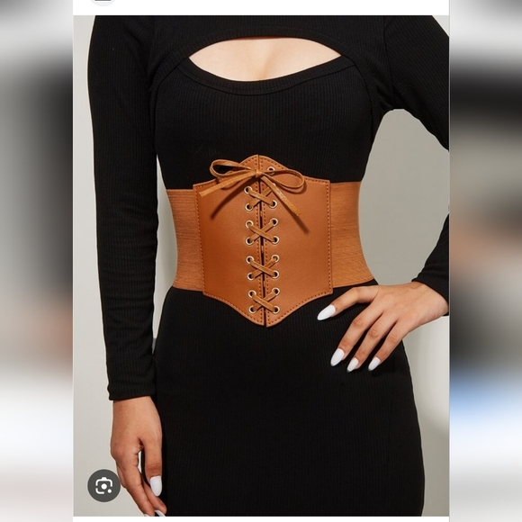 CORSET LACE UP COCO BROWN STRETCH STATEMENT WAIST BELT SNAP CLOSURE WOMEN OS - Picture 1 of 14